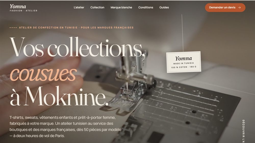 Page d'accueil du site Atelier Yomna Fashion, atelier de confection à Moknine travaillant pour les marques françaises