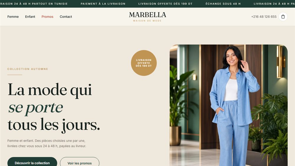 Page d'accueil du site Marbella, maison de mode femme et enfant, avec livraison en 24 à 48 h et paiement à la livraison