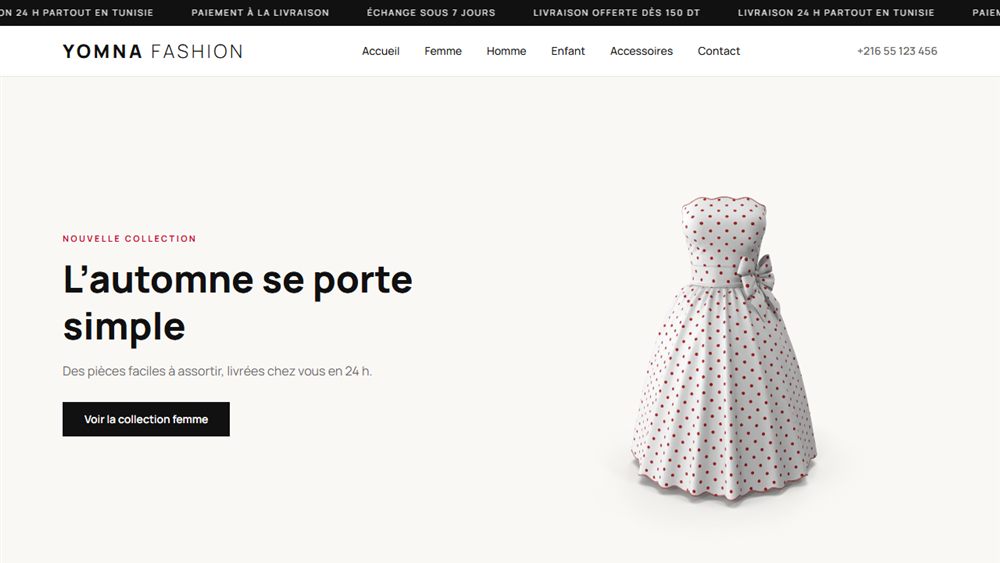 Page d'accueil du site Yomna Fashion, prêt-à-porter femme, homme et enfant, livraison en 24 h partout en Tunisie